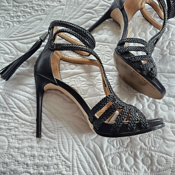 BCBG MAXAZRIA 4" Black Leather Braided Stiletto Heels With Tassel Zippers - Picture 11 of 12